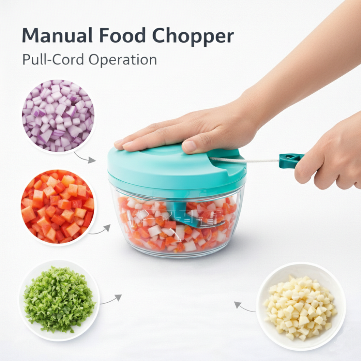 Manual Food Chopper with Pull Cord | Mini Vegetable & Onion Chopper | Stainless Steel Blade Cutter