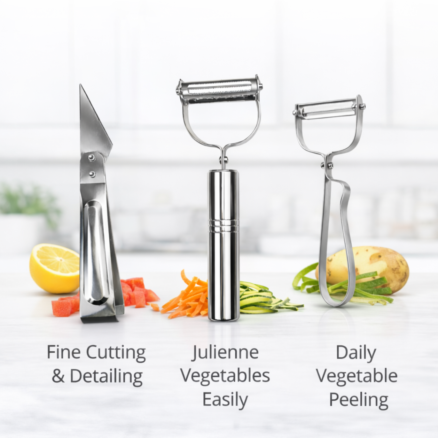 3-in-1 Vegetable Peeler & Julienne Cutter | Stainless Steel Peeler for Potato, Carrot & Cucumber Slicer