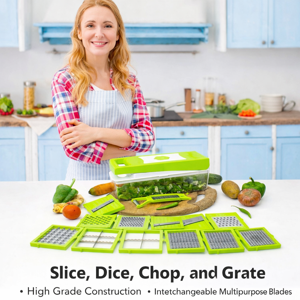 12-in-1 Vegetable Chopper & Cutter | Multifunction Slicer Dicer with Stainless Steel Blades & Container