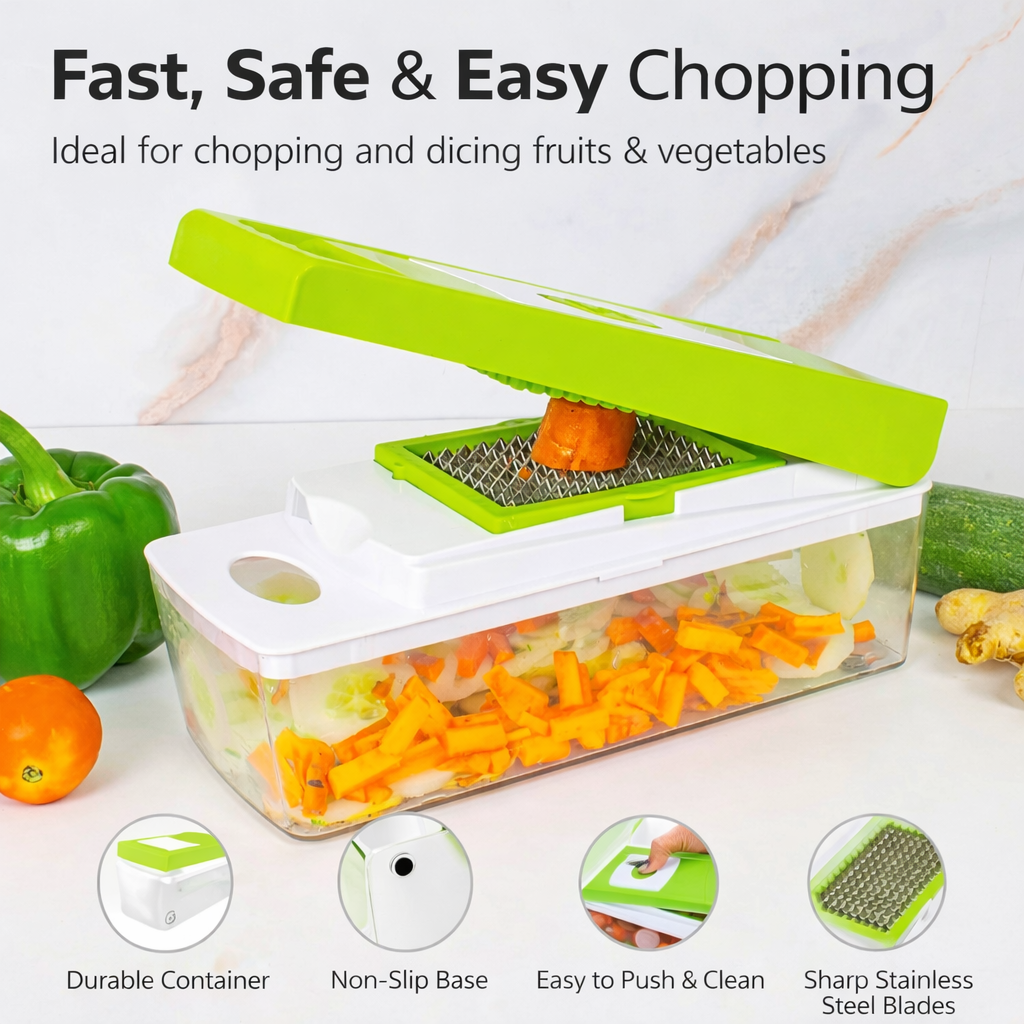 12-in-1 Vegetable Chopper & Cutter | Multifunction Slicer Dicer with Stainless Steel Blades & Container