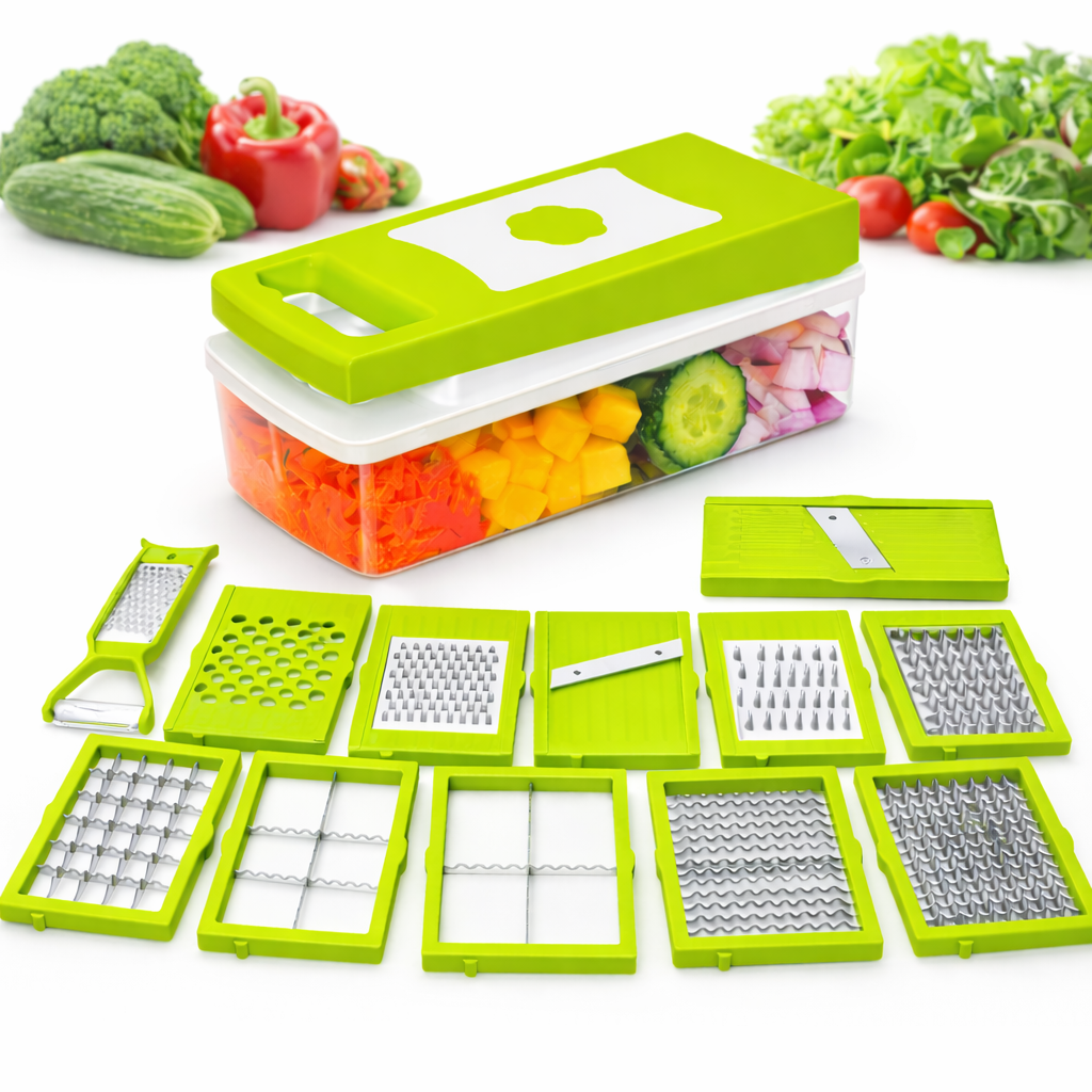 12-in-1 Vegetable Chopper & Cutter | Multifunction Slicer Dicer with Stainless Steel Blades & Container