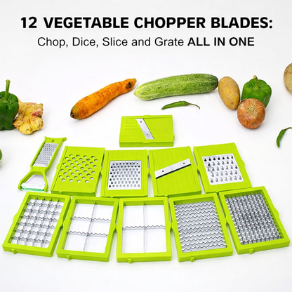12-in-1 Vegetable Chopper & Cutter | Multifunction Slicer Dicer with Stainless Steel Blades & Container
