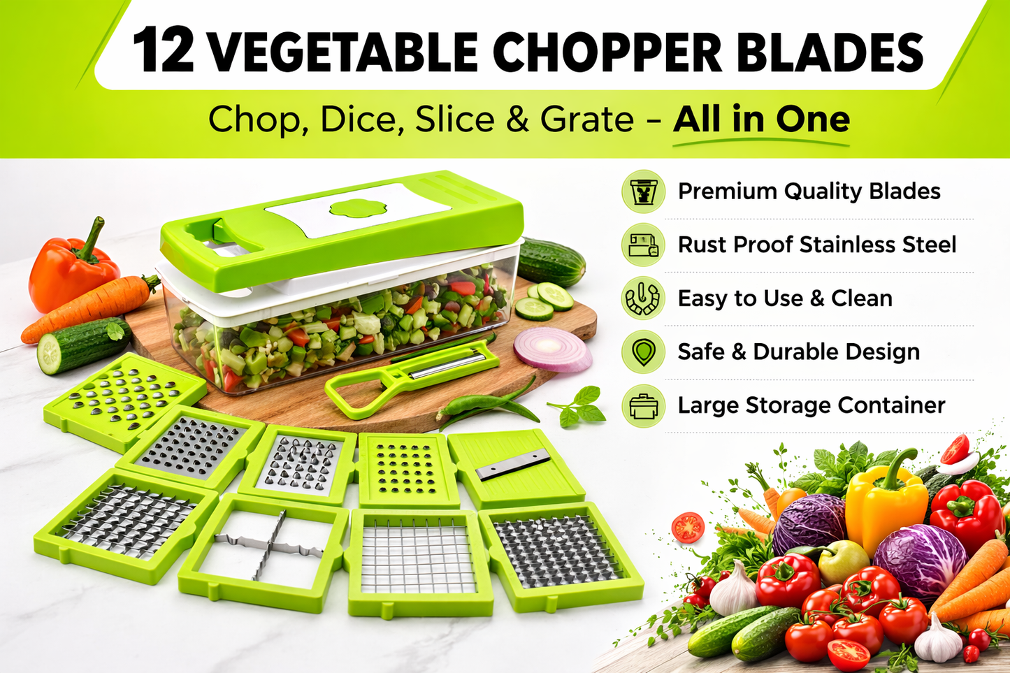 12-in-1 Vegetable Chopper & Cutter | Multifunction Slicer Dicer with Stainless Steel Blades & Container