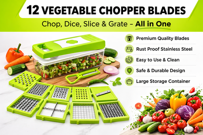 12-in-1 Vegetable Chopper & Cutter | Multifunction Slicer Dicer with Stainless Steel Blades & Container