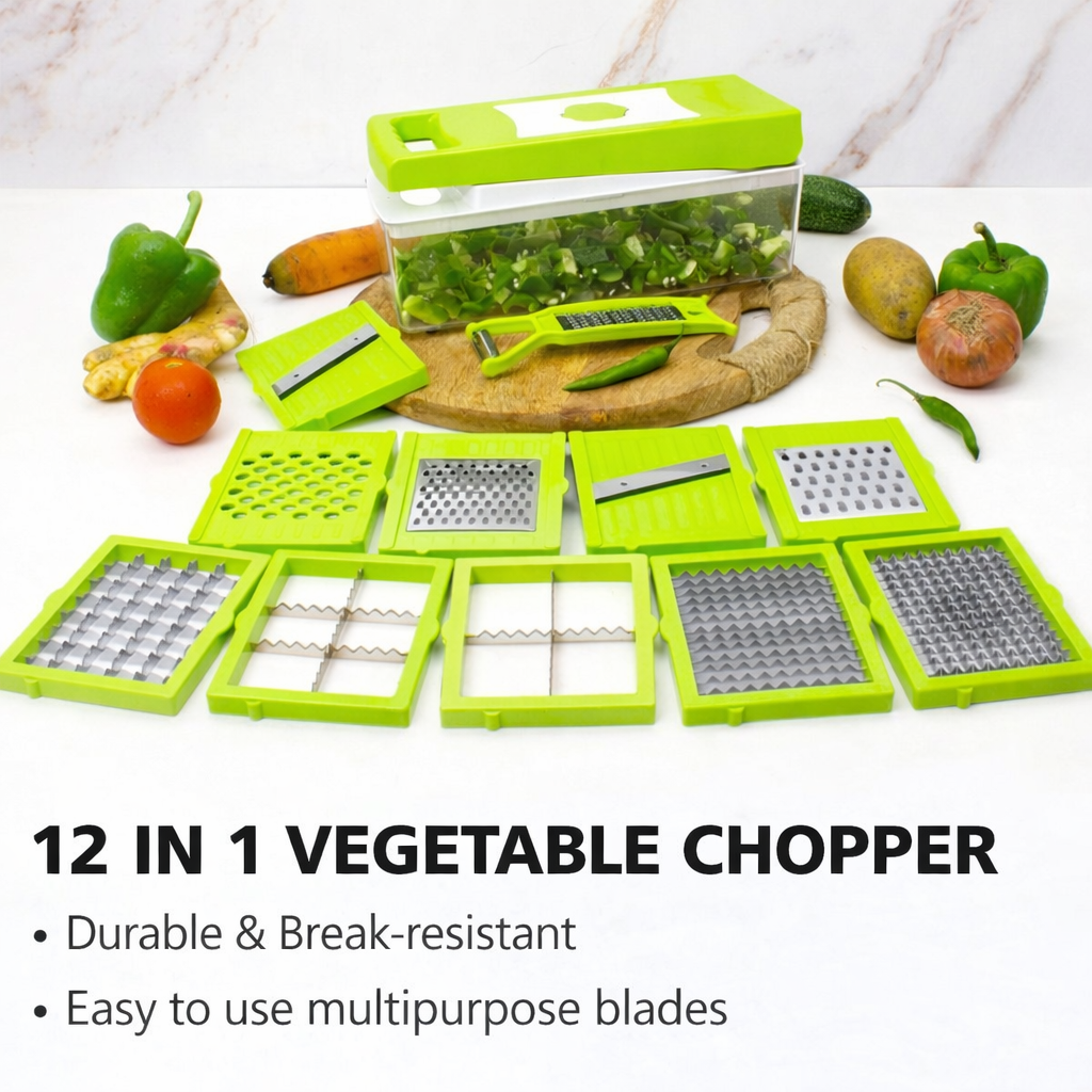 12-in-1 Vegetable Chopper & Cutter | Multifunction Slicer Dicer with Stainless Steel Blades & Container