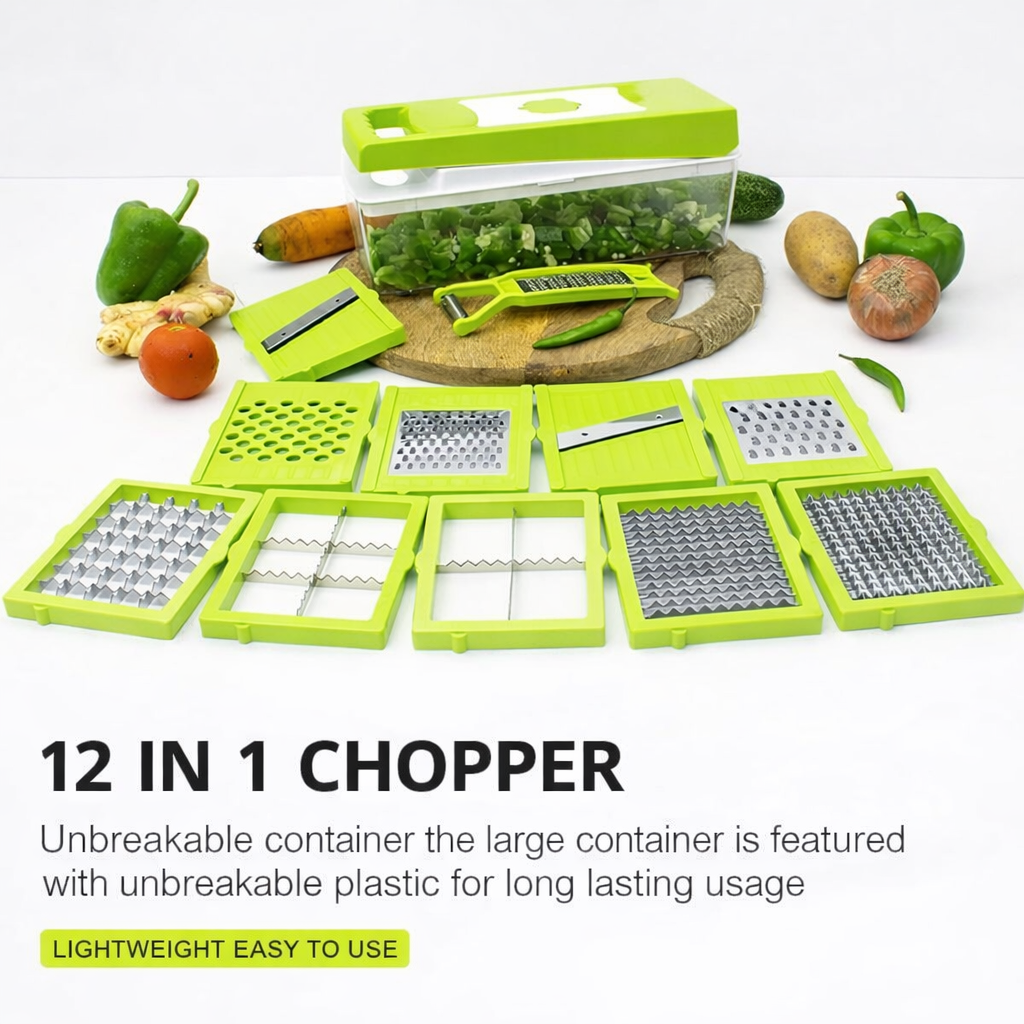 12-in-1 Vegetable Chopper & Cutter | Multifunction Slicer Dicer with Stainless Steel Blades & Container